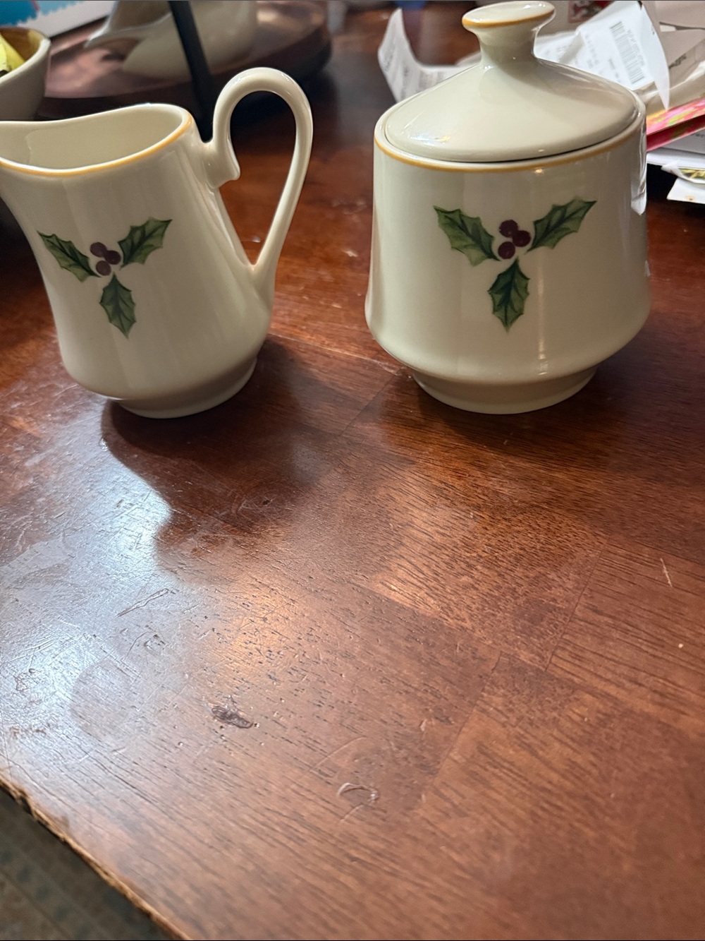 Holiday Holly Ceramic Creamer and Sugar Set - Cream with Green and Red Accents